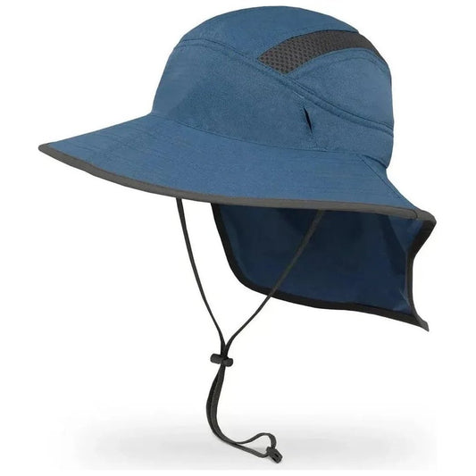 A side view of the Sunday Afternoons Ultra Adventure Hat in Eucalyptus showing the wide brim and chin strap against a white background.