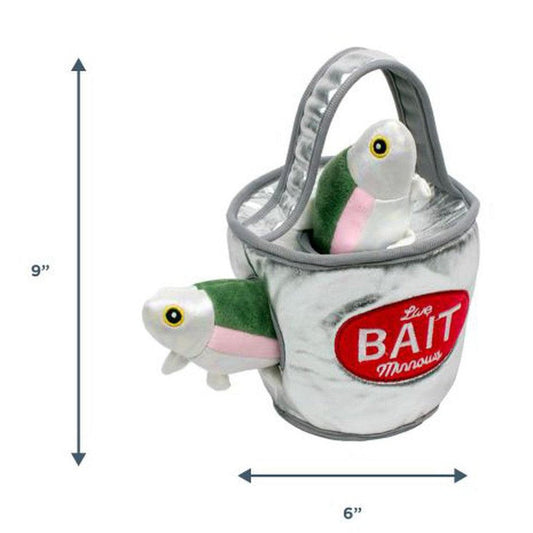 A front view of the Tall Tails Bait Bucket Squeaky Hide & Seek Toy showing two plush fish inside a 9-inch bucket with a red "Bait Minnows" label against a white background.