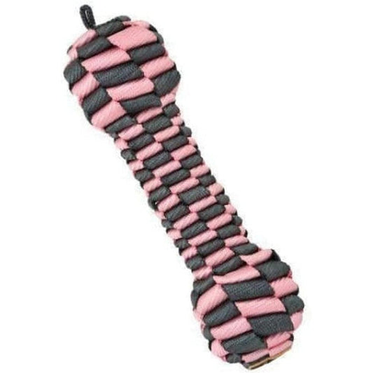 A pink and charcoal braided Tall Tails Bone Toy shown from a side angle against a white background.