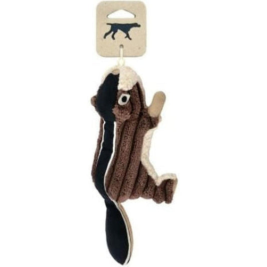 A hanging tag with a dog icon above a brown and black plush chipmunk toy with a squeaker.