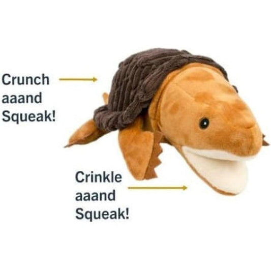 A front view of the Tall Tails Crunch Snapper Toy showing its brown body and dark brown shell with crunch and crinkle features.