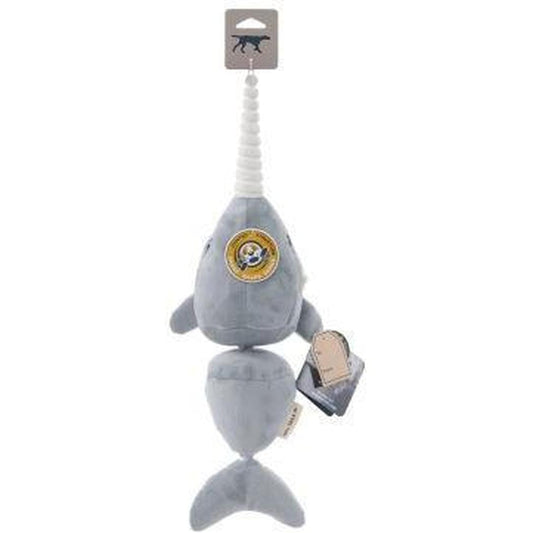 A front view of the Tall Tails Narwhal Jointed Shake Play Dog Toy with a tag and a white background.