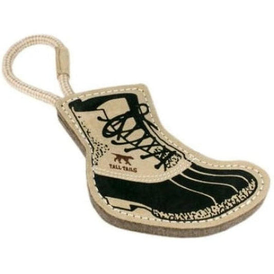A natural leather boot-shaped tug toy with "Tall Tails" text and a rope loop, shown from a top-down angle against a white background.