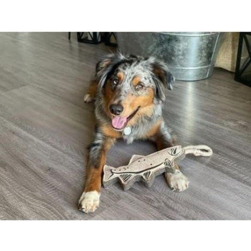 A dog lies on a wood floor with the Tall Tails Natural Leather Trout Tug Toy in front of it, near a metal bucket.