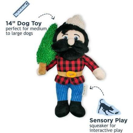 A 14" Tall Tails Paul Bunyan Rope Body Dog Toy in red and black plaid with blue pants, holding a green tree, shown against a white background.