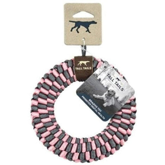 A front view of the Tall Tails Pink Braided Ring Toy hanging on its packaging against a white background.