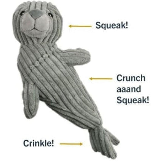 A gray Tall Tails Plush Seal Squeak & Crunch Toy - 14" lies on its side showing the crinkle tail and crunch body against a white background.
