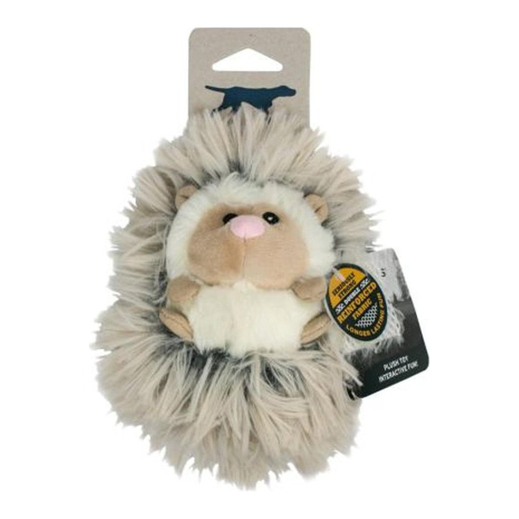 A front view of the Tall Tails Real Feel Fluffy Mini Hedgehog - 5" toy with a fluffy charcoal/gray fur coat and a white belly, against a white background.