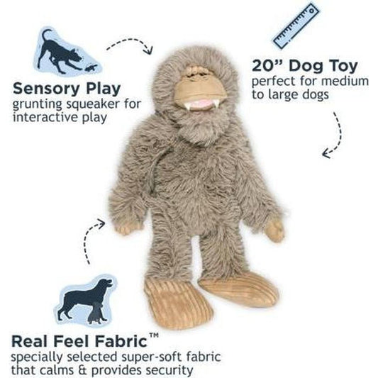A front view of the Tall Tails Stuffless Big Foot with Squeaker - 20" dog toy showing its Real Feel Fabric and 20" size label.