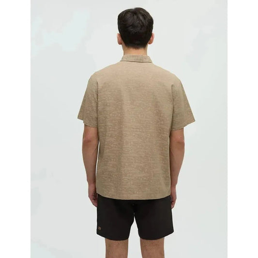 Back view of the Tentree Men's Redwood Pocket Shirt in Khaki/Palm on a model against a plain white background.