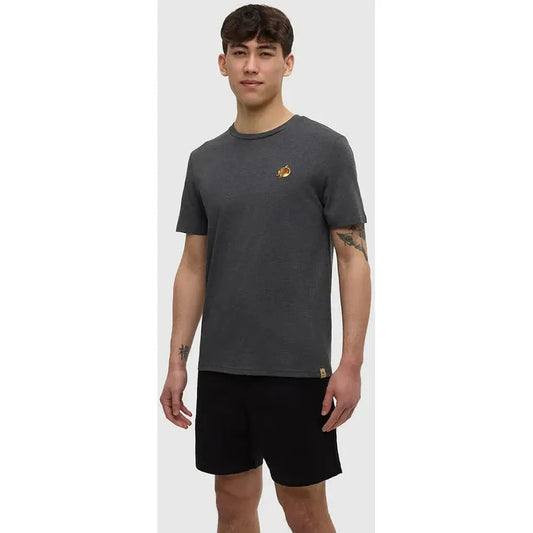 A front view of the Tentree Men's Sasquatch T-Shirt in Clay Heather Adirondack on a model against a plain white background.