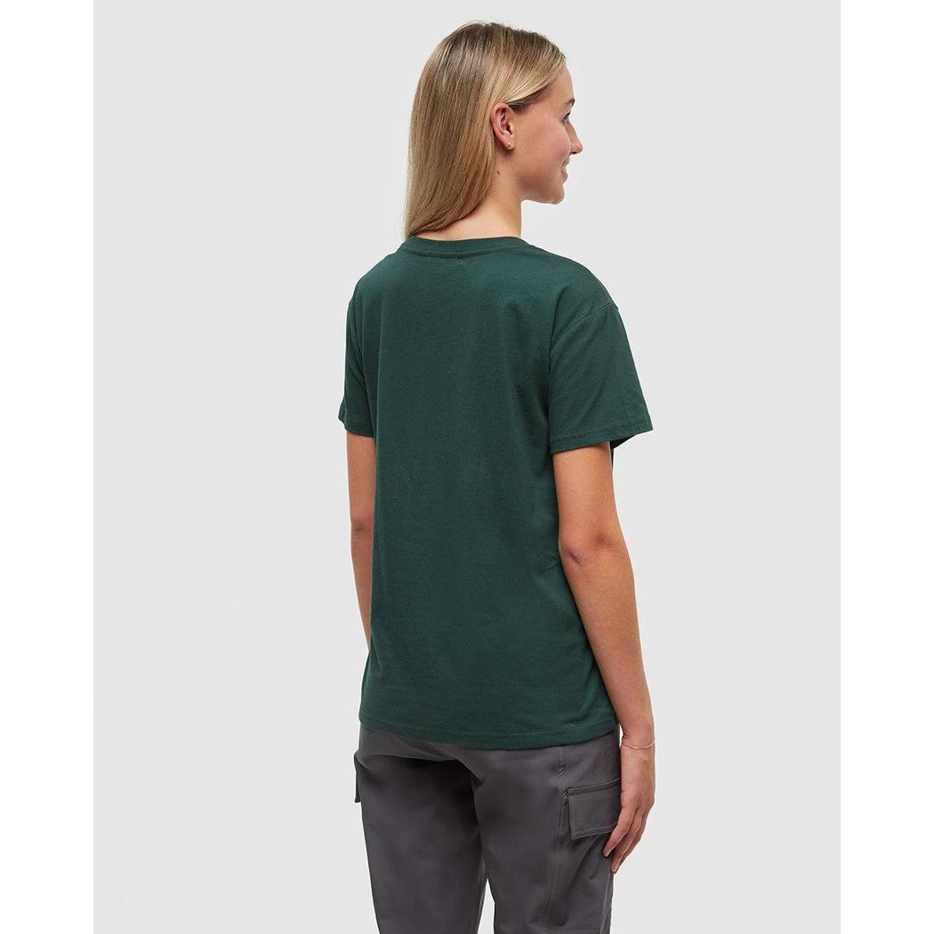 Back view of the Tentree Women's Regenerative Forest Sprawl T-Shirt in Forest Pine Granite Green on a model wearing gray cargo pants against a plain white background.