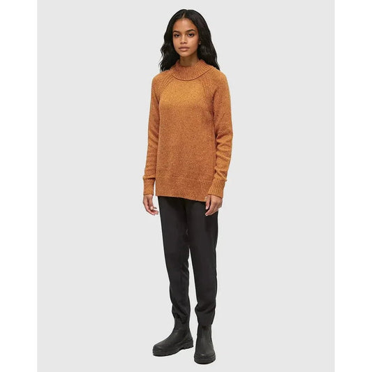 A model wearing the Tentree Women's Spokane Nep Sweater in Burnt Caramel Nep stands against a plain white background.
