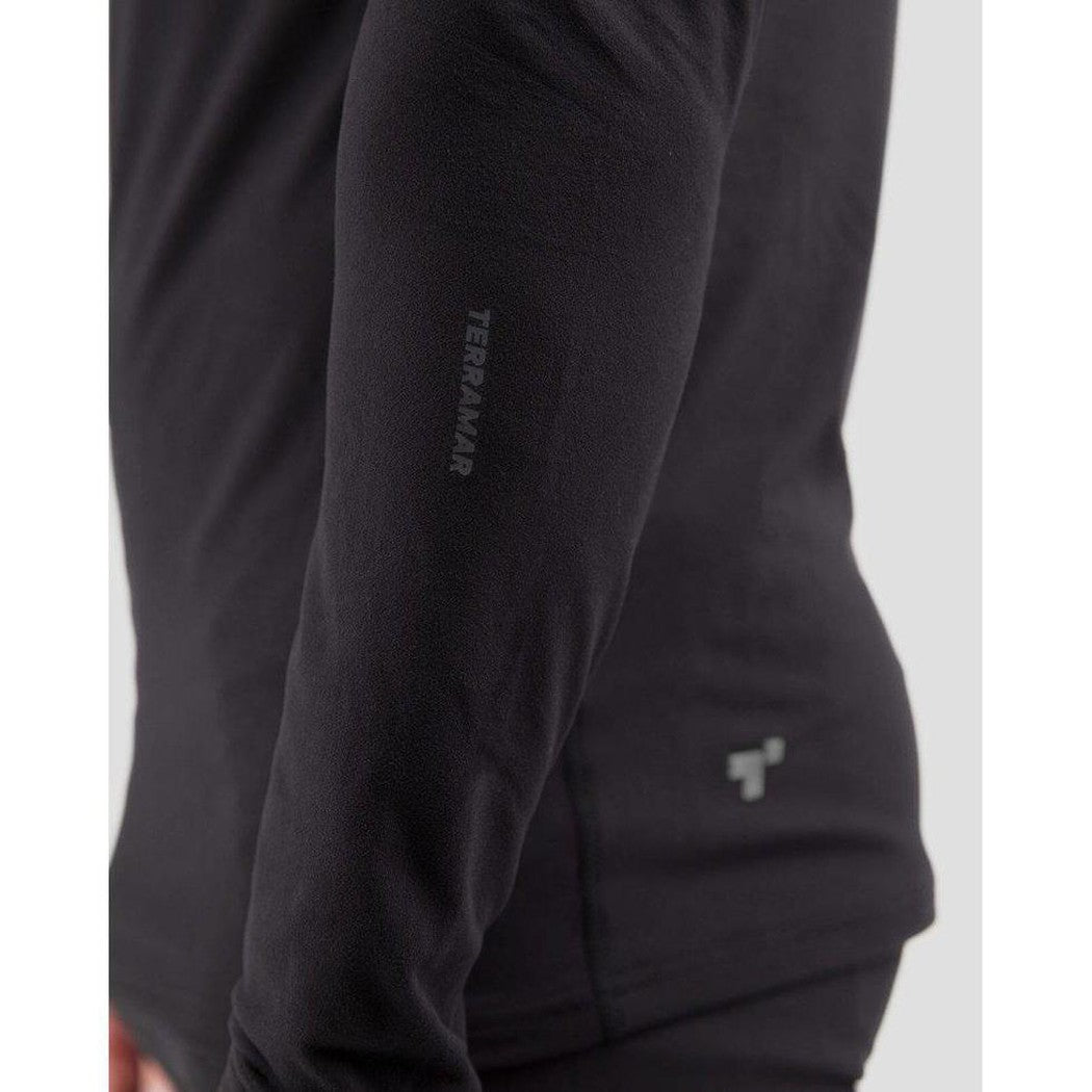 A close-up of the Terramar 2.0 Men's Thermolator Performance Turtle Neck in Black, showing the Terramar logo on the sleeve and a small logo on the chest.