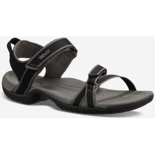 Side view of the Teva Women's Verra in Black showing the adjustable straps and gray insole against a white background.