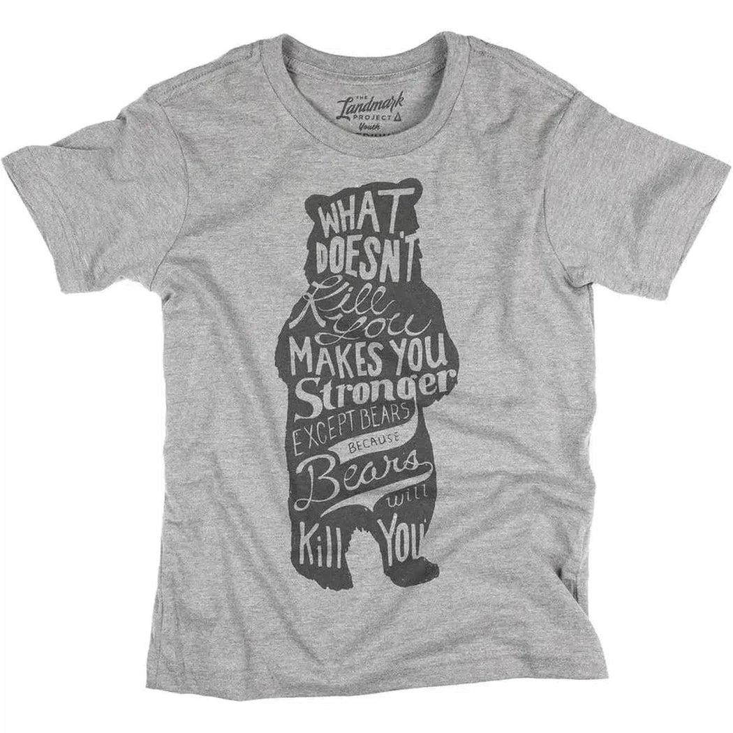 A front view of the Smoke Grey The Landmark Project Bear - Youth t - shirt showing the bear graphic and text on a white background.