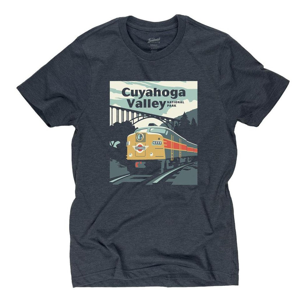 A front view of the Deep Navy The Landmark Project Cuyahoga Valley Tee showing the train graphic on the front.