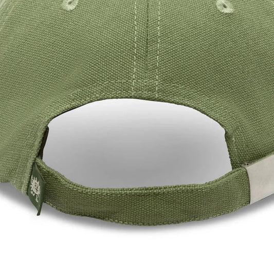 Back view of the The Landmark Project National Parks Applique Hat in Sagebrush Dobby showing the adjustable strap and brand tag.