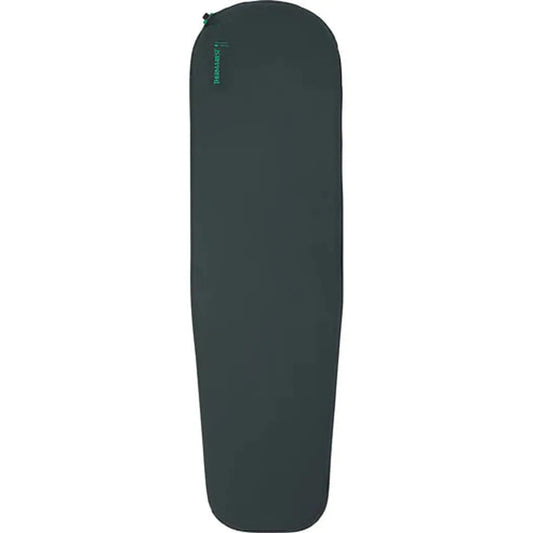 Side view of the Therm-a-Rest Trail Scout in Charcoal/Graphite showing the zippered top and plain background.