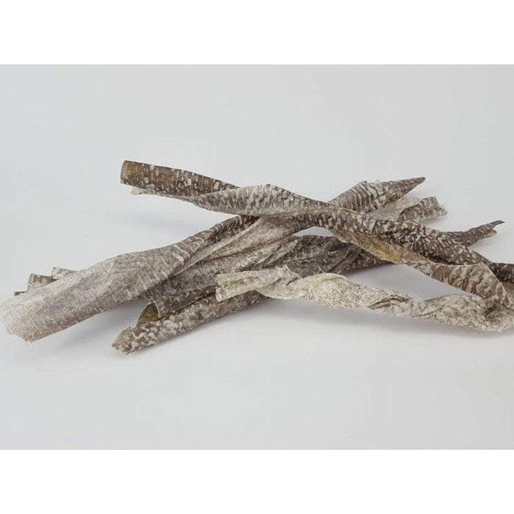 Natural, complete sentence describing the photo: Close-up of Tickled Pet Icelandic Codfish Skin Twists 5 Oz treats on a plain white background.