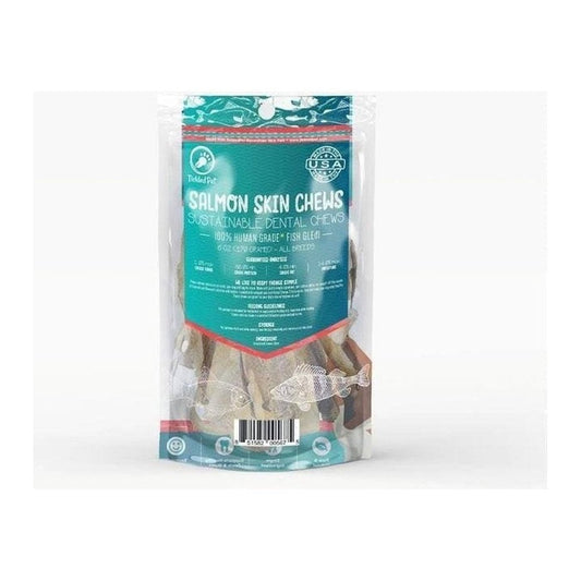 A front view of the Tickled Pet Salmon Skins 6oz Bag showing the clear packaging and product inside against a white background.