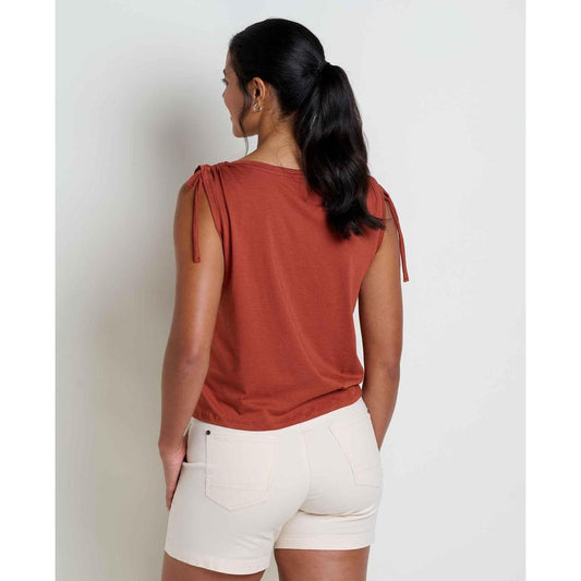 Back view of the Toad & Co Women's Anza Cinch Tank in Cinnamon showing the shoulder ties and a model wearing it against a plain white background.