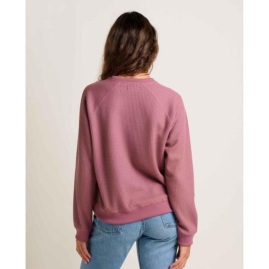 Back view of the Toad & Co Women's BitterRoot Long Sleeve Pullover in Foxglove against a plain white background.
