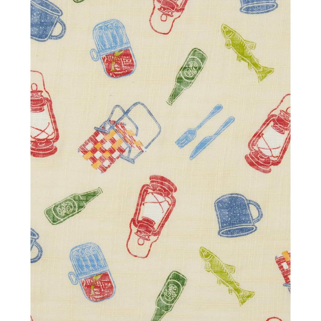 A patterned fabric photo showing camping-themed prints like lanterns, fish, and mugs, for Toad & Co Women's Camp Cove Short Sleeve Shirt in Boysenberry Daisy Stripe.