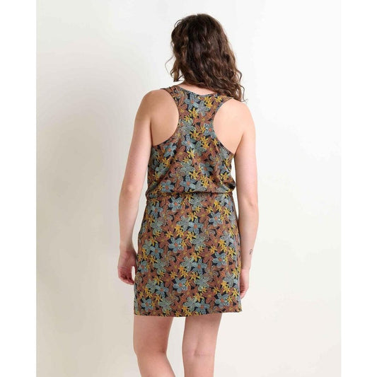 Back view of the Toad & Co Women's Livvy Sleeveless Dress in Black Floral Dot Print on a model against a plain white background.