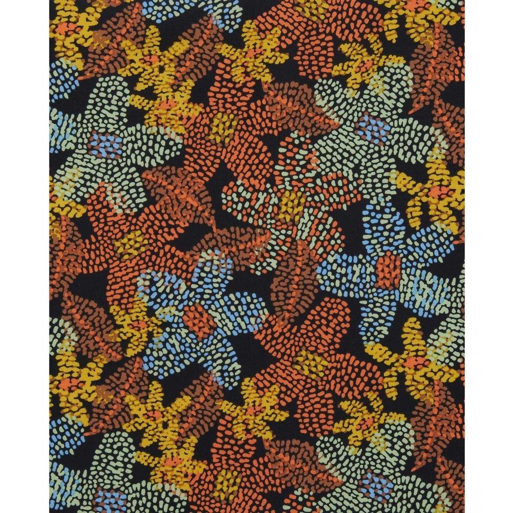 The Almond Pattern Texture Toad & Co Women's Sunkissed Pull-On Short features a vibrant, abstract floral pattern with blue, orange, yellow, and green dots on a black background.