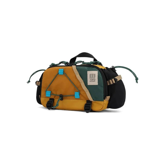 A front view of the Topo Designs Mountain Hydro Hip Pack in Black/Neutral with a white background.