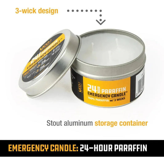 A 3-wick UCO 24 Hour Paraffin Emergency Candle in a stout aluminum storage container shown from a side angle.