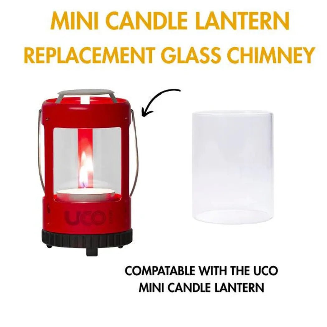 A red UCO mini candle lantern with a replacement glass chimney shown next to it.