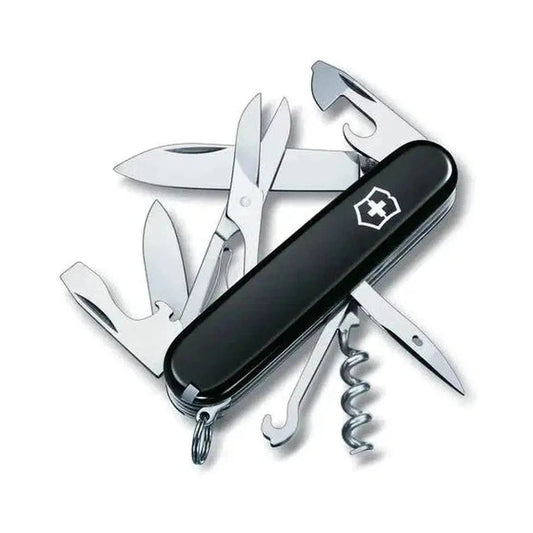A black Victorinox Climber multi-tool with scissors, a corkscrew, and other tools visible, photographed against a white background.