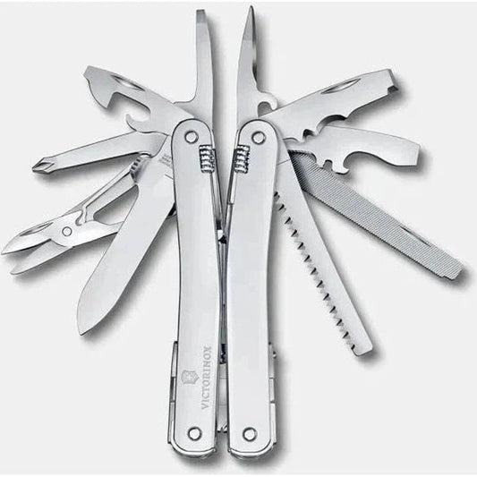 A silver Victorinox Swiss Tool Spirit MX with a nylon pouch is displayed open against a light gray background.