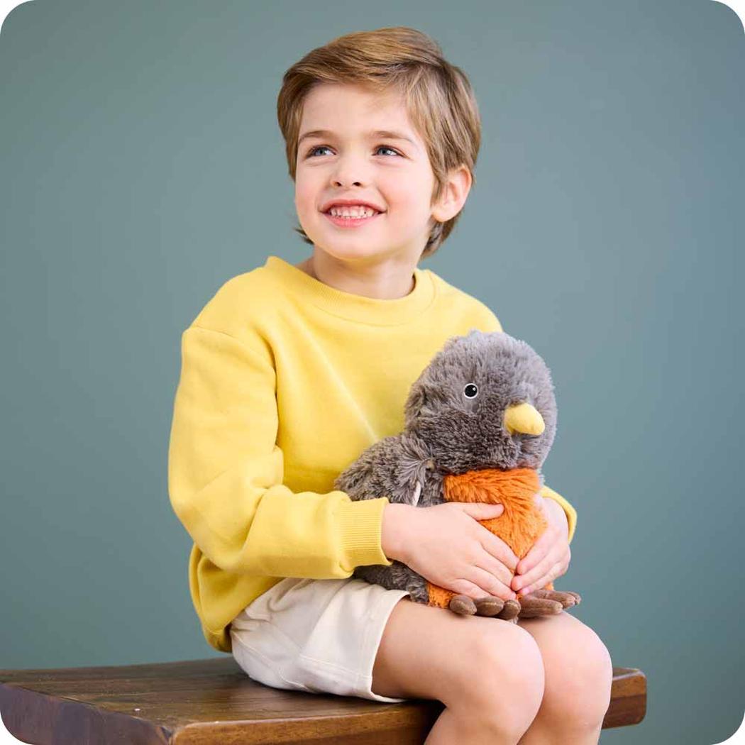 A young boy in a yellow sweater sits on a wooden bench holding a Warmies American Robin plush toy against a teal background.