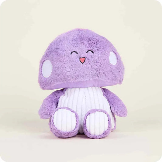 A front view of the Warmies Blue Mushroom showing its smiling face and white striped pants against a light background.