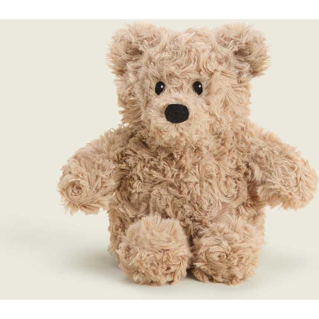 A front view of the Warmies Brown Curly Bear Bag Charm with curly fur and black eyes on a light background.