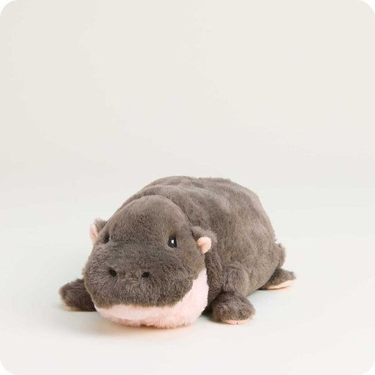 A front view of the Warmies Hippo plush toy with a light background.