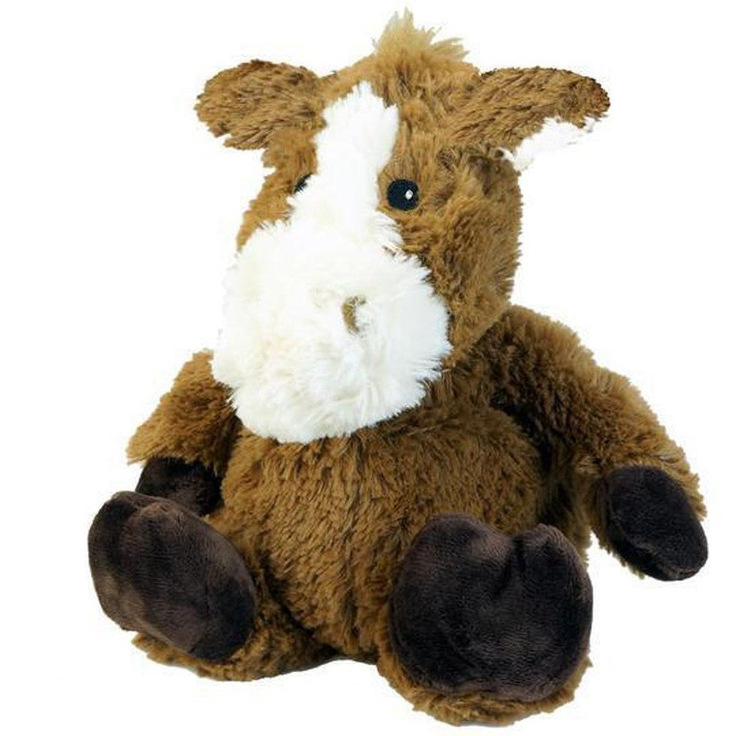 A front view of the Warmies Horse stuffed animal with brown fur and a white face against a white background.