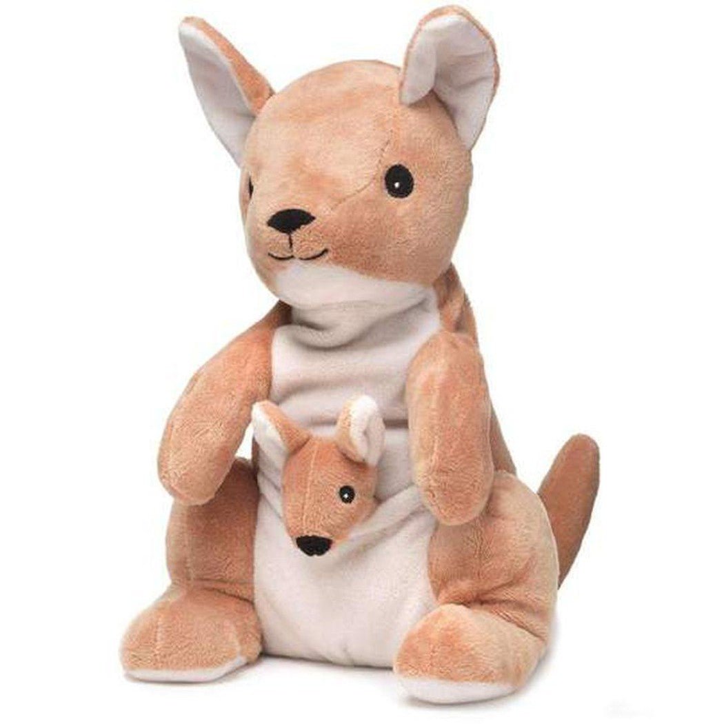 A front view of the Warmies Kangaroo stuffed animal with a joey in its pouch against a white background.