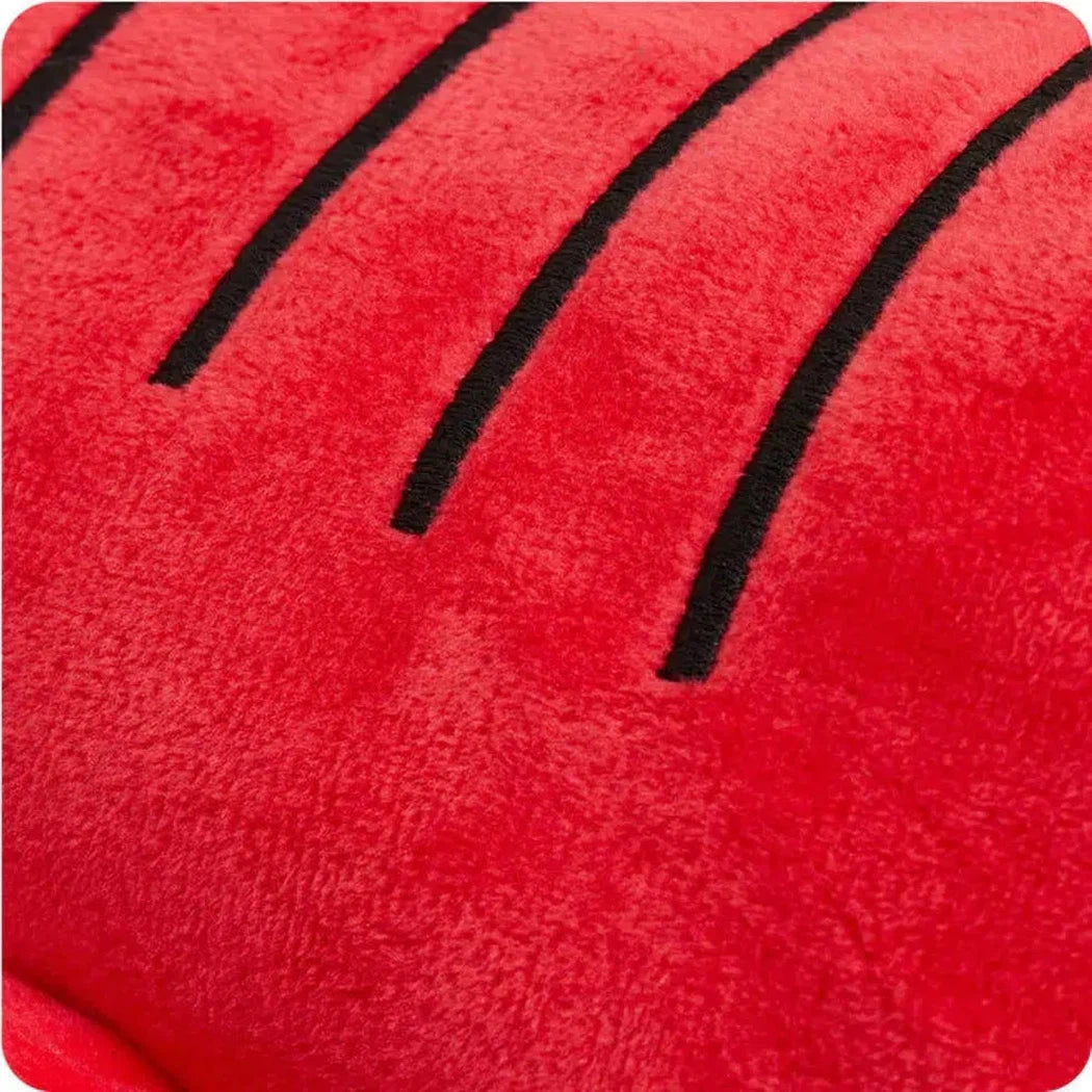 Close-up of the Warmies Lobster showing its red plush texture and black stripes.