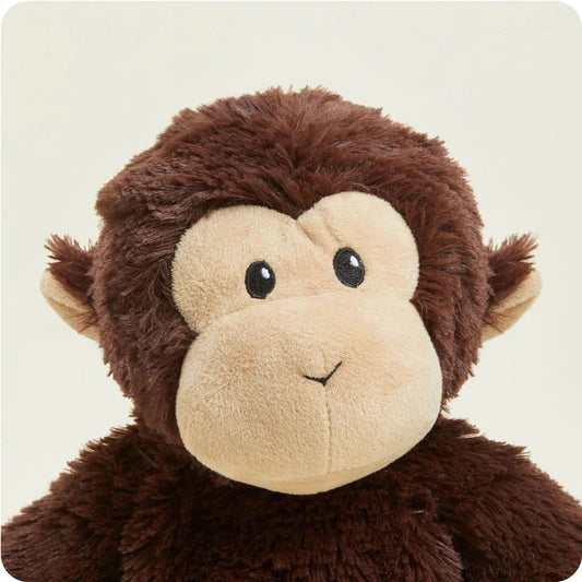 Close-up of the Warmies Monkey plush toy with brown fur and a beige face against a light background.