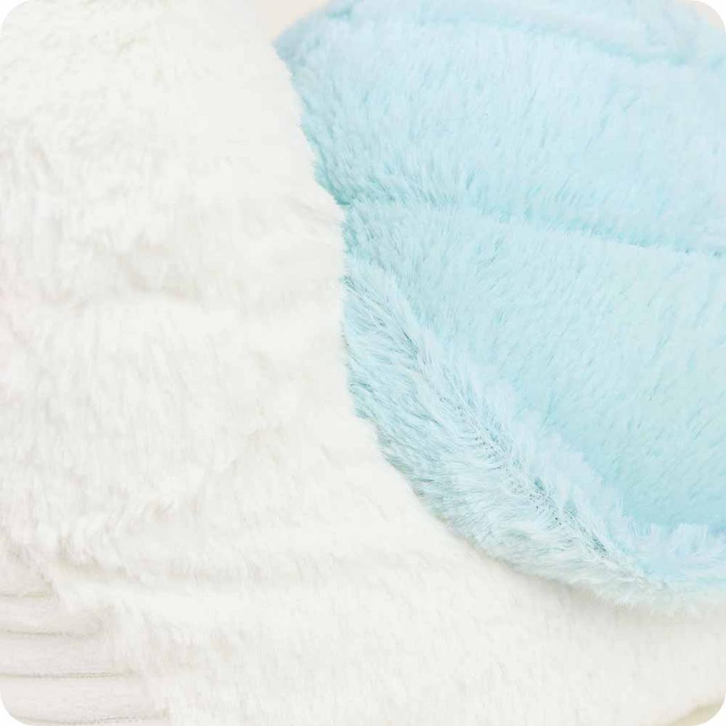 A close-up of the Warmies Snail showing its soft, fuzzy texture and light blue color against a white background.