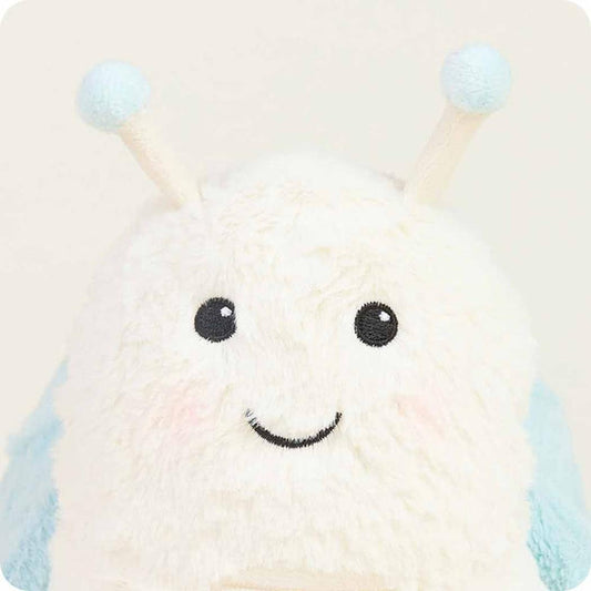 A close-up front view of the Warmies Snail plush toy with light blue antennae and soft white fur against a plain background.