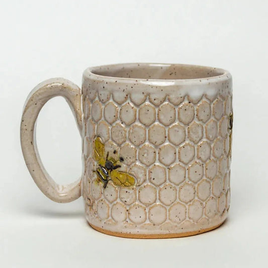 White Squirrel Clayworks Bee Pattern Handmade in Ohio Ceramic White 10 oz Mug-Camping - Cooking - Dishware-Appalachian Outfitters