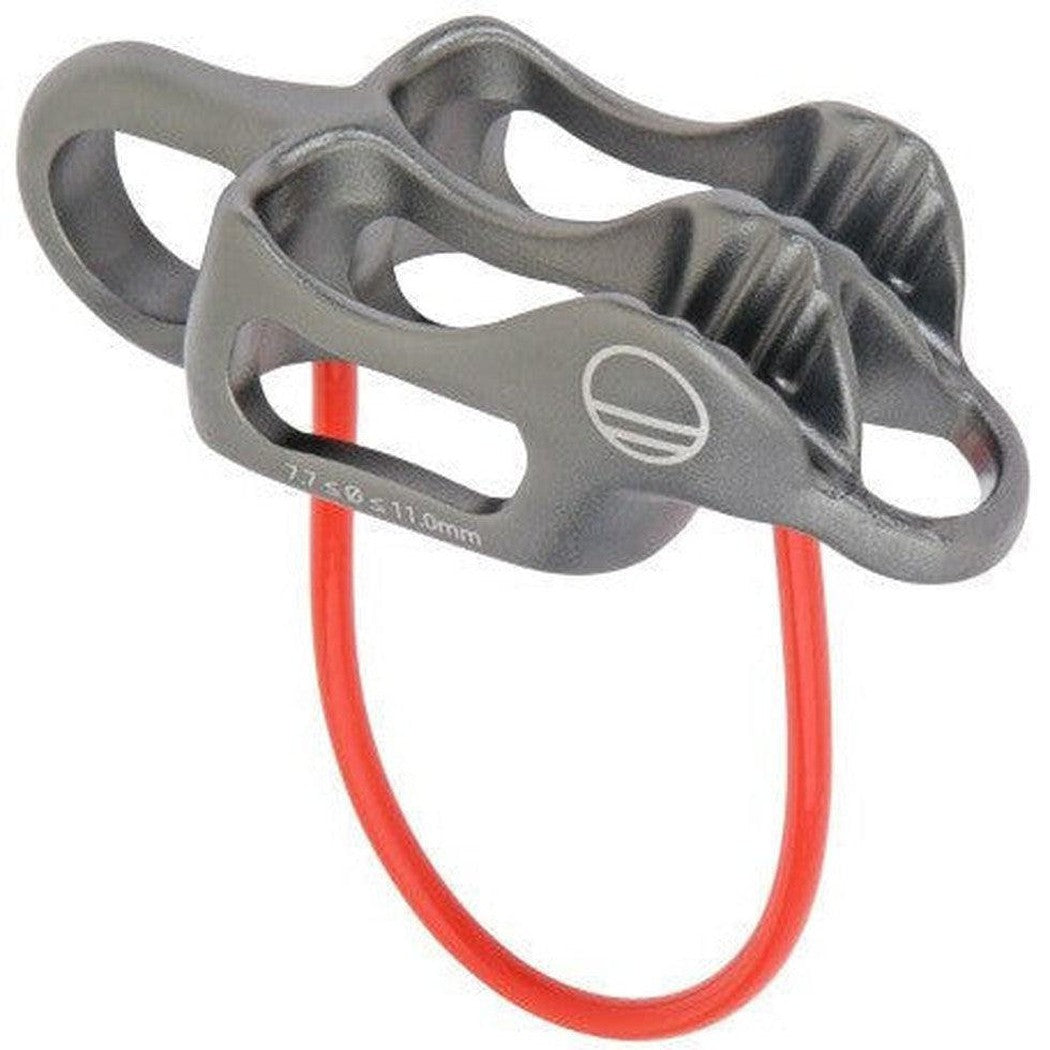 Side view of the Wild Country Pro Guide Lite belay device with a red lanyard against a white background.