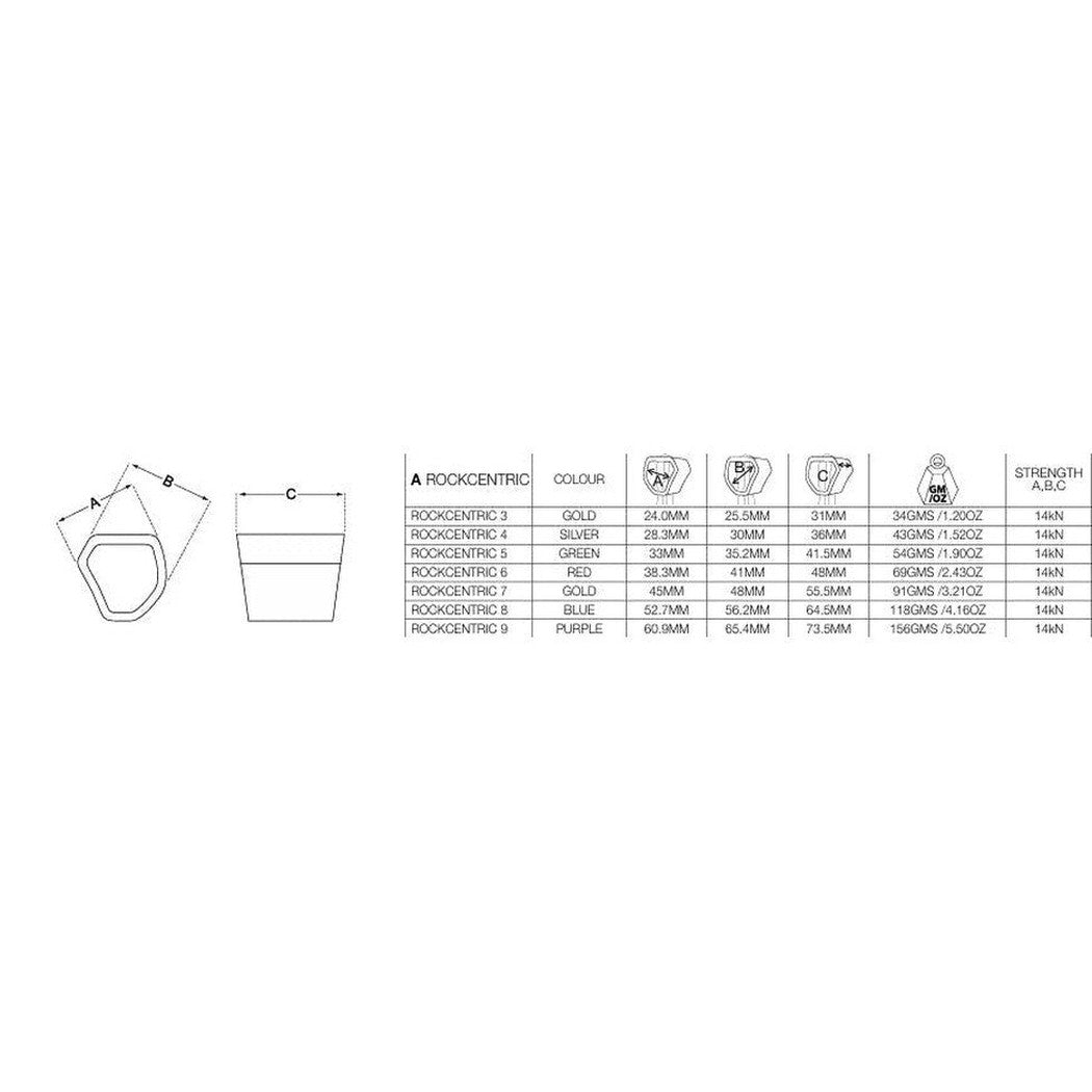 The photo shows a technical diagram of the Wild Country Rock Centric climbing hardware, including dimensions and specifications for color 4 (Purple) against a white background.