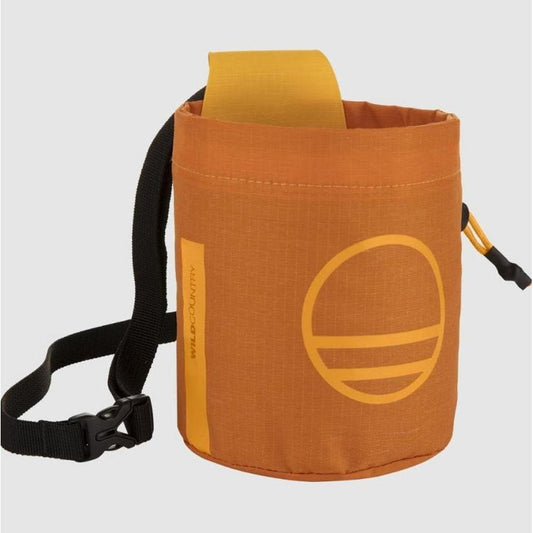 A front view of the Wild Country Session Chalk Bag in Green Iny with a black strap and yellow logo, against a white background.