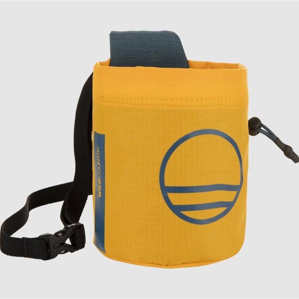 A front view of the yellow Wild Country Session Chalk Bag with a black shoulder strap and blue logo, against a white background.